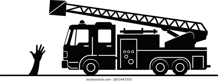 Black silhouette vector illustration of a firefighter rescue truck responding to an emergency with an extended aerial ladder and a raised hand symbolizing a rescue situation. Ideal for fire safety campaigns, emergency services, disaster response materials, educational content, and public awareness designs.