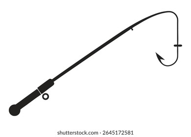 A black silhouette vector illustration of a fishing rod with a hook against a white background The style is simple and minimalist