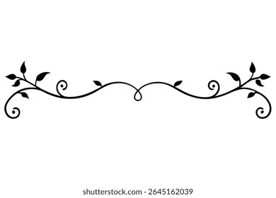 A black silhouette vector illustration of a floral vine with leaves and swirls forming a horizontal border design on a white background.