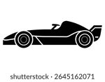 Black silhouette vector illustration of a Formula E race car against a white background The image is simple and graphic in style.