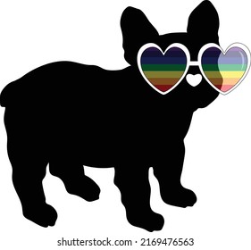 Black Silhouette Vector Illustration - French Bulldog wearing Colorful Rainbow Heart-Shaped Sunglasses - Frenchie Dog Symbol