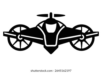 Vetor de silhueta preta ilustração de um hovercraft futurista contra um fundo branco O hovercraft tem um corpo central e duas rodas grandes em cada lado Uma hélice é visível no topo