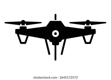 A black silhouette vector illustration of a futuristic drone against a white background The drone is depicted from a front perspective showing its four rotors and central camera.