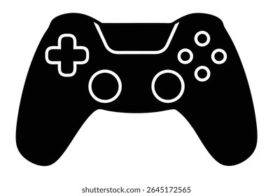 Black silhouette vector illustration of a gaming console controller against a white background The controller features a plus shaped button and several circular buttons