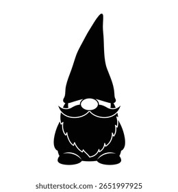 Um vetor de silhueta preta ilustração de um gnomo de jardim contra um fundo branco O gnomo é representado com um chapéu pontiagudo uma barba grande e um pequeno nariz. O estilo é simples e minimalista.