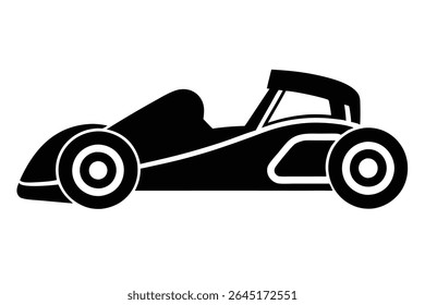 A black silhouette vector illustration of a go kart on a white background The image is simple and bold with strong lines and shapes.