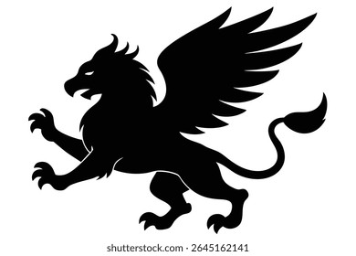 Um vetor de silhueta preta ilustração de um grifo em voo contra um fundo branco O grifo é retratado com asas detalhadas e uma postura poderosa.