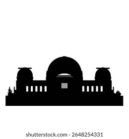 Ilustração do vetor de silhueta preta do Observatório Griffith contra um fundo branco. A imagem retrata a estrutura principal do edifício e cúpulas menores. Estilo simples e mínimo.