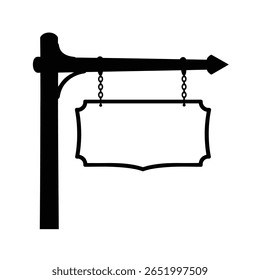 Um vetor de silhueta preta ilustração de um sinal pendurado em um fundo branco O sinal é retangular com bordas decorativas e suspensões de correntes anexadas a um poste de madeira com uma ponta de seta final.