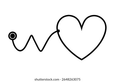 A black silhouette vector illustration of a heart with a stethoscope line connected showing a pulse wave The style is simple and minimal