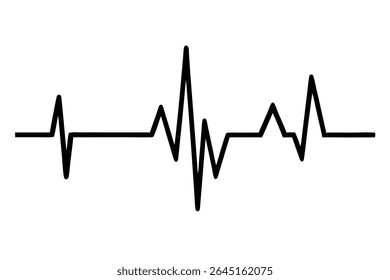 Uma ilustração de vetor de silhueta preta de um gráfico de linha EKG de batimento cardíaco contra um fundo branco. A linha é espessa e irregular mostrando picos e vales.