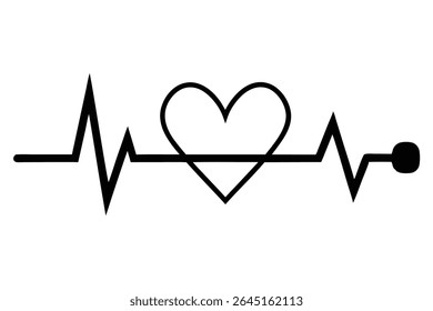Black silhouette vector illustration of a heartbeat line with a heart shape in the center against a white background. The style is simple and bold.