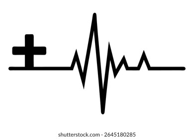 Black silhouette vector illustration of a heartbeat EKG line graphic with a medical cross symbol. Simple bold black shapes on white background.