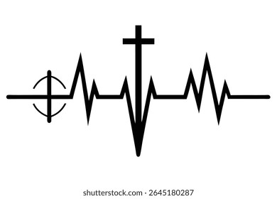 Black silhouette vector illustration of a heartbeat with a cross in the center and a target symbol on the left side against a white background. The style is simple and minimal.