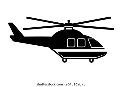 A black silhouette vector illustration of a helicopter against a white background The helicopter is depicted in profile view with its rotors extended. The style is simple and minimal.