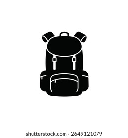 Black silhouette vector illustration of a hiking backpack against a white background The backpack has side pockets and shoulder straps. Simple style.