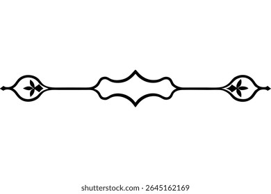 Ilustração de vetor de silhueta preta de um divisor horizontal com um elemento central ornamentado e motivos florais flanqueantes. O estilo é gótico e o humor geral é elegante.