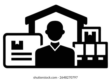 Black silhouette vector illustration of an inventory manager inside a warehouse with boxes and a document. Simple style.