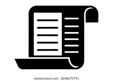 Uma ilustração de vetor de silhueta preta de uma folha de papel rolar contra um fundo branco. A rolagem é representada com linhas horizontais sugerindo entradas de texto ou dados. O estilo é simples e arrojado.