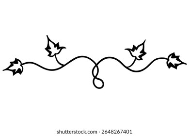 A black silhouette vector illustration of an ivy vine with four leaves on a white background The vine is depicted with a simple continuous line and the leaves have a stylized shape.