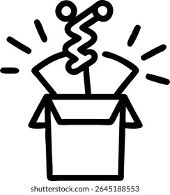 A black silhouette vector illustration of a jack in the box popping out of its box. The style is simple and minimal with bold lines.