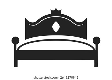 Um vetor de silhueta preta ilustração de uma cama king size com um design de coroa na cabeceira O estilo é simples e minimalista contra um fundo branco