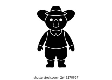 Um vetor de silhueta preta ilustração de um urso koala vestindo um chapéu e roupa simples contra um fundo branco O estilo é minimalista e cartunista.