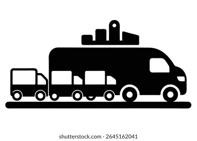 Black silhouette vector illustration of a large truck with smaller vehicles attached transporting cargo. A graph sits atop the main truck. The style is simple and graphic.