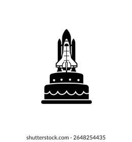 A black silhouette vector illustration of a layered birthday cake topped with a space shuttle icon against a white background. The style is simple and graphic.