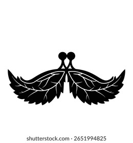 Um vetor de silhueta preta ilustração de um projeto de fecho de folha contra um fundo branco A imagem apresenta duas folhas estilizadas formando uma forma simétrica com um elemento de conexão central.