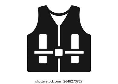 A black silhouette vector illustration of a life vest features a simple design against a white background. The image is a solid black shape with white inner details.