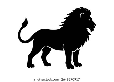 Um vetor de silhueta preta ilustração de um leão de pé em perfil contra um fundo branco O leão é retratado em um estilo simples com uma juba detalhada e cauda.