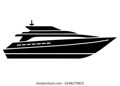 A black silhouette vector illustration of a luxury yacht against a white background The image is simple and features a side profile view of the boat