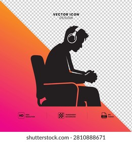 Black silhouette vector illustration of a man wearing headphones sitting on a chair and playing a mobile game or using smartphone. Isolated on transparent background. Modern flat design lifestyle concept suitable for gaming apps, online streaming, audio entertainment, esports themes, UI design, web graphics, and digital media projects. Editable high quality EPS vector file.

