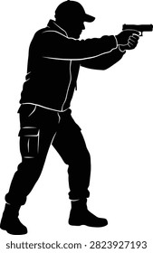 A black silhouette vector illustration of a man holding a handgun in a tactical stance on white.
