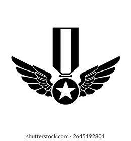Black silhouette vector illustration of a medal with wings and a star The image is simple and bold with high contrast.