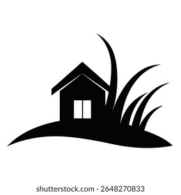 Black silhouette vector illustration of a minimalist house on a hill with stylized grass. Simple design with high contrast.