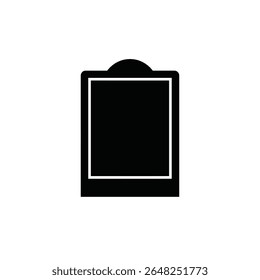 A black silhouette vector illustration of a mirror photo booth frame against a white background The frame has a simple design with a slightly arched top.