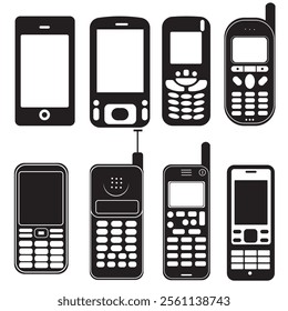 Black silhouette vector illustration of mobile phone. Different era mobile phone.