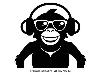 A black silhouette vector illustration of a monkey wearing headphones and sunglasses smiling against a white background The style is simple and bold