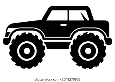 Black silhouette vector illustration of a monster truck with large tires against a white background. The style is simple and bold.