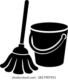 Black silhouette vector illustration of mop and bucket set. Professional cleaning tools graphic design for janitorial and household tasks.