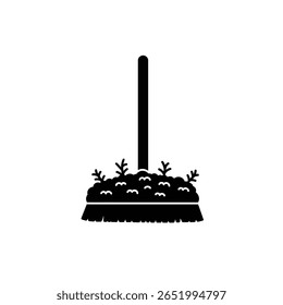 A black silhouette vector illustration of a moss broom against a white background The broom has a long handle and a brush head filled with moss.