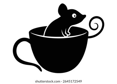 A black silhouette vector illustration of a mouse sitting inside a coffee cup with a swirl design element. The image is simple and minimalist in style.
