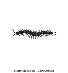 Black silhouette vector illustration of a multi-legged centipede or millipede-like insect isolated on a clean white background
