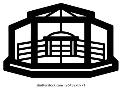 Black silhouette vector illustration of an octagonal gazebo with a gabled roof and detailed interior gate. The style is simple and geometric.