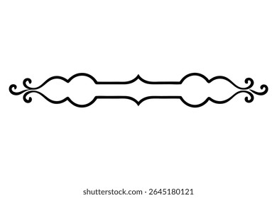 A black silhouette vector illustration of an ornate frame features a central section connected to symmetrical swirling ends. The style is reminiscent of Victorian design.