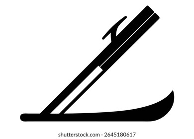 Ilustração de vetor de silhueta preta de um par de esquis alpinos em ângulo contra um fundo branco. A imagem é simples e com um estilo mínimo.