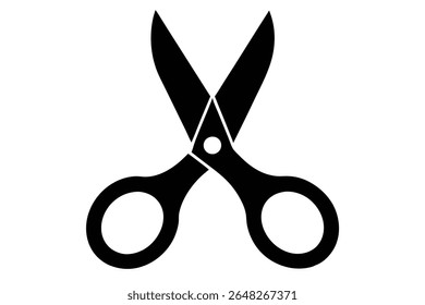 A black silhouette vector illustration of a pair of scissors against a white background The image is simple and graphic in style.
