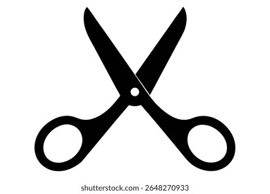 A black silhouette vector illustration of a pair of scissors against a white background The scissors are open and centrally positioned. The style is simple and minimal.
